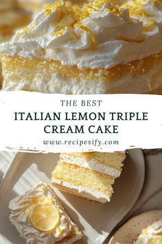 Light, zesty, and creamy Italian Lemon Triple Cream Cake! This citrusy delight is perfect for lemon lovers and any special occasion. Italian Lemon Cream Cake Recipe, Lemon Cream Cake Recipe, Italian Lemon Cream Cake, Lemon Cream Cake, Cream Cake Recipe, Italian Cream Cakes, Italian Cream, Lemon Pie, Classic Cake