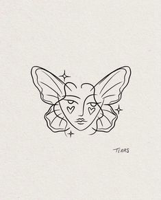 a black and white drawing of a face with a butterfly on it's head