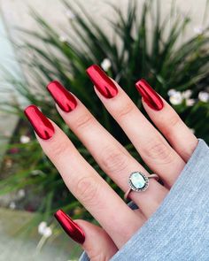 Chrome Nail Colors, Metallic Nails Design, Palm Nails, Red Chrome, Chrome Nail Art, Red Christmas Nails, September Nails