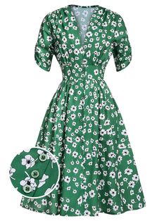 Green 1940s V-Neck Floral Dress | Retro Stage Vintage V-neck Dress For Garden Party, Retro V-neck Dress With Buttons, Spring V-neck Vintage Dress For Garden Party, Retro V-neck Dress With Button Closure, Summer Vintage Dress With V-neck, Green V-neck Dress With Buttons, 1950s Style Summer Vintage Dress With V-neck, 1950s Style Vintage V-neck Dress For Summer, Vintage V-neck Dress In 1950s Style For Summer