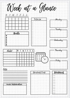 the week at a glance calendar is shown in this black and white printable planner