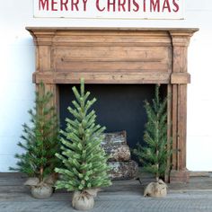 three small christmas trees sitting in front of a fireplace with a merry sign above it