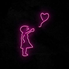 a neon sign with a girl holding a heart shaped balloon in it's hand