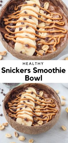 snickers smoothie bowl in a coconut bowl with banana sliced, nuts, chocolate and peanut butter swirl. Snickers Smoothie, Smoothie Bowl Vegan, Smoothie Bowl Recipe Healthy, Bowl Recipes Easy, Acai Bowls Recipe, Smoothie Bowl Healthy, Frozen Bananas, Smoothie Bowl Recipe