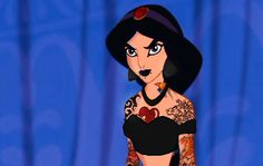 an animated woman with tattoos on her arms and chest, standing in front of a blue curtain