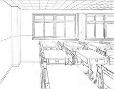 a drawing of a classroom with desks and chairs in the front, windows on the back