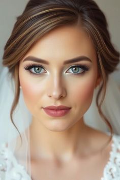 a woman with blue eyes wearing a veil and white wedding dress is looking at the camera