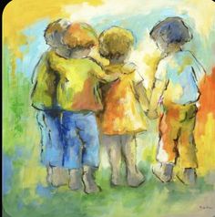 a painting of three children hugging each other