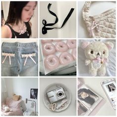 a collage of photos with various items including a teddy bear, camera and other things