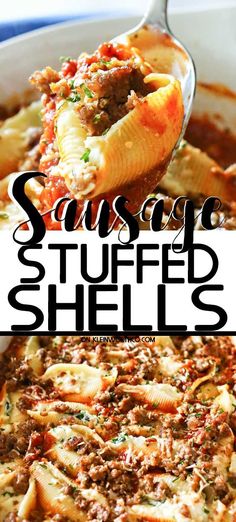 sausage stuffed shells in a white casserole dish with text overlay that reads sausage stuffed shells