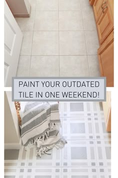 a bathroom floor that has been painted white and gray with the words paint your outdated tile in one weekend