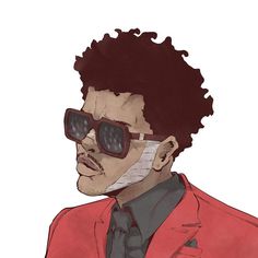 a drawing of a man wearing sunglasses and a red jacket with his hair pulled back