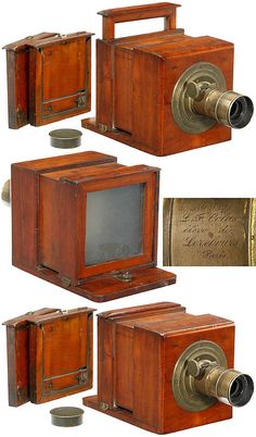 four different views of an old fashioned wooden box camera with two cameras attached to it