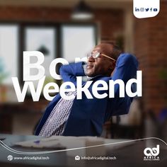 a man sitting at a desk with the words bcr weekend in front of him