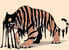 a drawing of a tiger with its mouth open and two legs bent over it's body