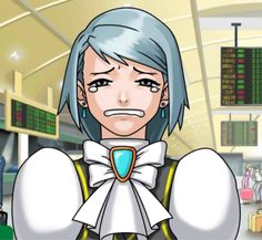 an anime character with blue hair and wearing a bow tie in front of a terminal