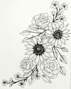 a black and white drawing of flowers with leaves