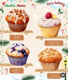 the muffin menu has four different types of muffins on it, including lemon poppy raspberry and blueberry