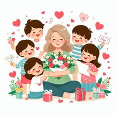 a woman holding flowers surrounded by her children and presents on valentine's day with hearts in the background