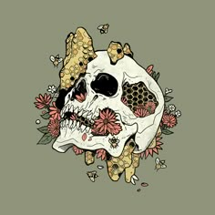 a drawing of a skull with flowers and honeycombs on it's face