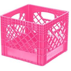 a pink plastic crate is shown on a white background