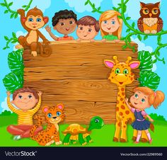 kids and animals are standing in front of a wooden sign with an owl, giraffe