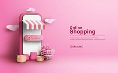 a shopping cart is in front of an online shopping app on a pink background with clouds