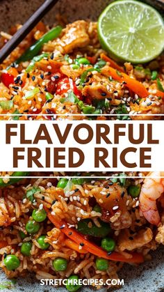 a plate full of fried rice with shrimp and vegetables