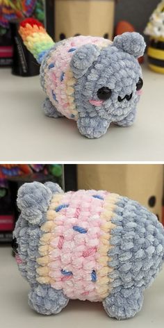 two pictures of a stuffed animal made out of yarn