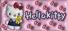 hello kitty holding a teddy bear with the word hello kitty written in large letters on it