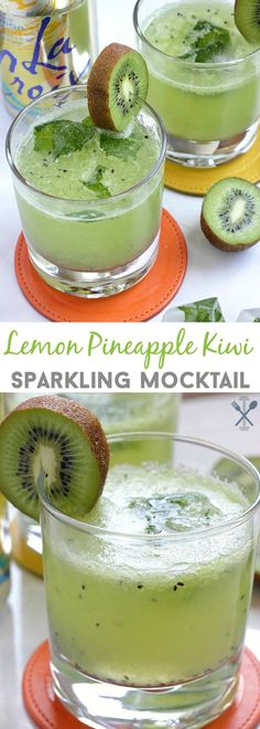 two glasses filled with lemon pineapple kiwi sparkling mochal and topped with sliced kiwi