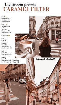 a woman walking down the street with a cup of coffee in her hand and an advertisement for lightroom presets caramel filter