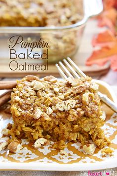 pumpkin baked oatmeal is on a plate with a fork and cinnamon sticks