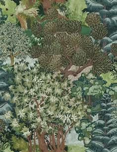 an image of a forest scene with trees and animals in the background, all on one wallpaper