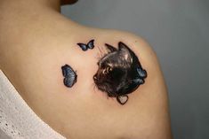 a black cat with blue butterflies on it's back shoulder and behind its ear