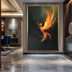 a large painting hanging on the wall in a living room