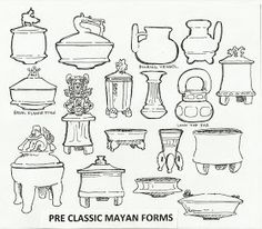 a drawing of various vases and other items in black ink on white paper with the words pre classic mayon forms written below