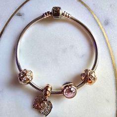 Authentic Pandora Sterling Silver Bracelet With 4 Rose Gold Charms (2 Are Clips). Excellent Condition. 7 Inch Bracelet. Girl Hood, Pandora Rose Gold, Jewelry Pandora, Pandora Pink, Pandora Rose, Rose Gold Charms, Gold Charms, Girly Accessories, Pandora Bracelet