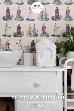 bathroom interior with white vanity unit and a patterned wallpaper depicting Russian historic costumes in rich colours. Wallpaper House Design, Interior Design Wallpaper