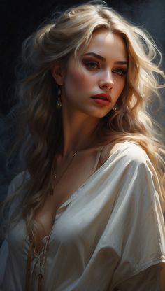 a painting of a woman with long blonde hair wearing a white shirt and gold earrings