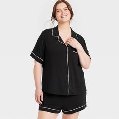 Women's Cloud Knit Short Sleeve Notch Collar Top and Shorts Pajama Set - Auden™ Black 4X Shorts Pajama Set, Shipt Shopper, Knit Short, Notch Collar, Collar Top, Short Pajama Set, Notched Collar, Knit Shorts, Pajama Shorts