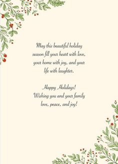 a christmas card with holly branches and berries on the border, says happy holidays wishing you and