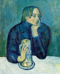 a painting of a person sitting at a table with a jar in front of them