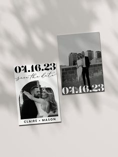 a couple's save the date magnets are displayed on a white background with shadows