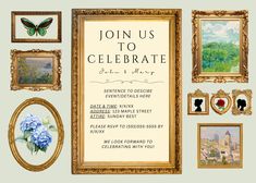 an image of a celebration with pictures on the wall and framed artwork in gold frames