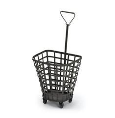 a black basket on wheels with a handle attached to the bottom and an object in the middle