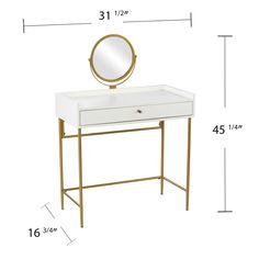 a white vanity with a gold frame and mirror on the top, against a white background