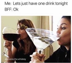 two women drinking wine from glasses with the caption me let's just have one drink tonight bff ok