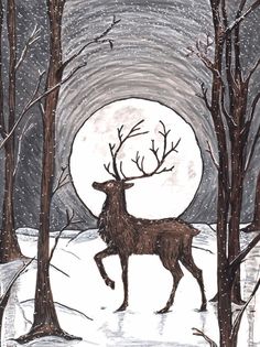 a drawing of a deer walking through the woods in front of a full moon and trees