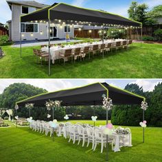 an outdoor party tent with tables and chairs set up in the yard for a wedding